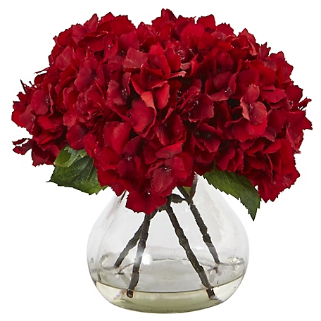 Nearly Natural 8.5 in. Red Hydrangea Silk Flower Arrangement with Glass Vase
