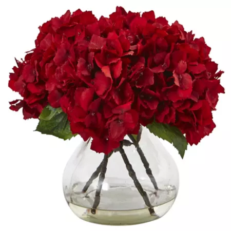 Nearly Natural 8.5 in Silk Red Hydrangea Flower Arrangement with Glass Vase Artificial Plants & Flowers