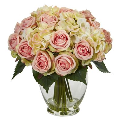 Nearly Natural 12 in. Rose and Hydrangea Bouquet Artificial Arrangement