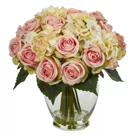 Nearly Natural 12" Artificial Rose and Hydrangea Bouquet Arrangement Artificial Plants & Flowers