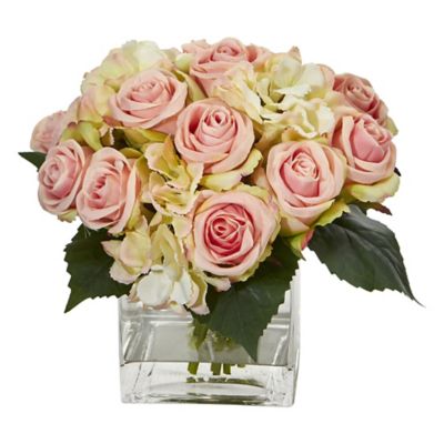 Nearly Natural 9 in. Rose and Hydrangea Bouquet Artificial Arrangement in Vase