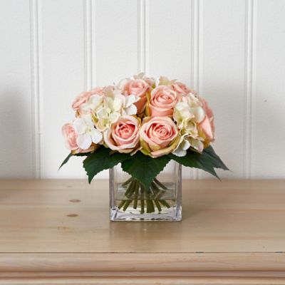 Image showing  9 in. Rose and Hydrangea Bouquet Artificial Arrangement in Vase