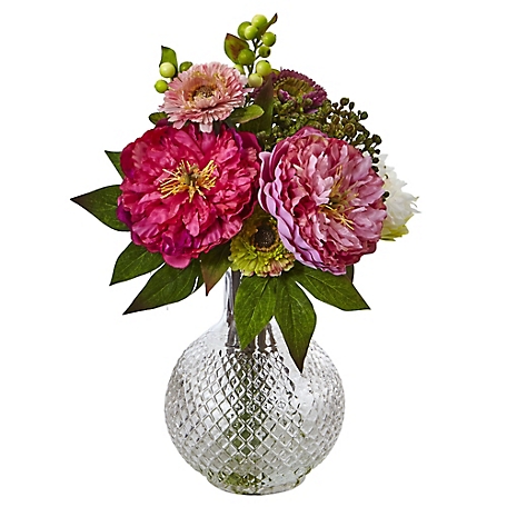 Nearly Natural 14 in. Artificial Peony and Mum in Glass Vase