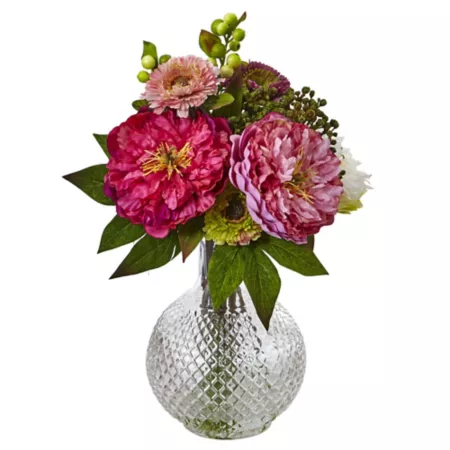 Nearly Natural 14" Artificial Peony and Mom in Glass Vase Artificial Plants & Flowers