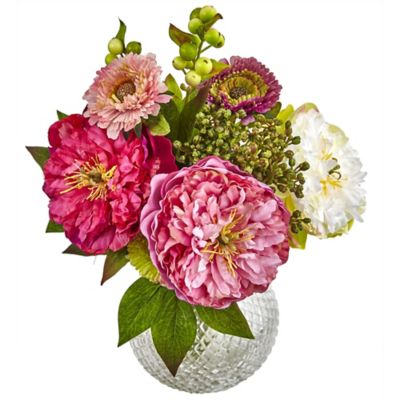 Image showing  14 in. Artificial Peony and Mum in Glass Vase