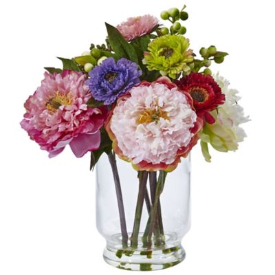 Nearly Natural 10.5 in. Artificial Peony and Mum in Glass Vase