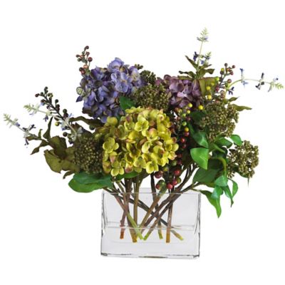 Nearly Natural 6 in. Mixed Hydrangea Silk Flower Arrangement with Rectangular Vase