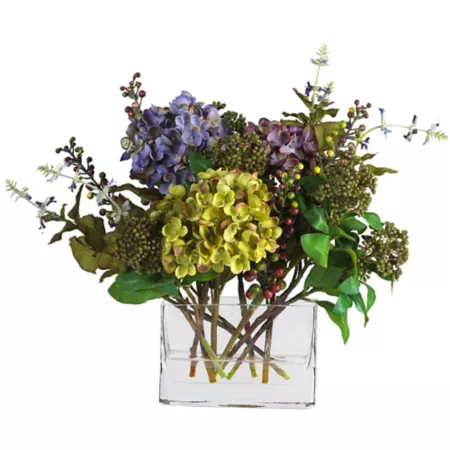 Nearly Natural 6 in Mixed Silk Hydrangea Flower Arrangement with Rectangular Vase Artificial Plants & Flowers