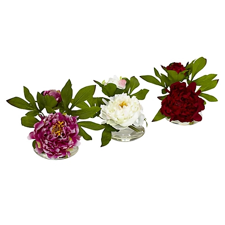 Nearly Natural 6 in. Peony Artificial Flower Arrangement with Glass Vase Set, 3 pc.