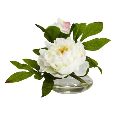 Image showing 1 th Nearly Natural 6 in. Peony Artificial Flower Arrangement with Glass Vase Set, 3 pc.