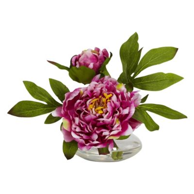 Image showing 2 th Nearly Natural 6 in. Peony Artificial Flower Arrangement with Glass Vase Set, 3 pc.