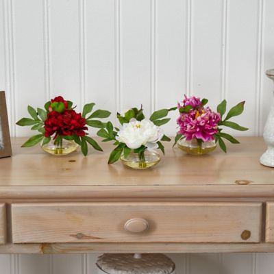 Image showing 5 th Nearly Natural 6 in. Peony Artificial Flower Arrangement with Glass Vase Set, 3 pc.