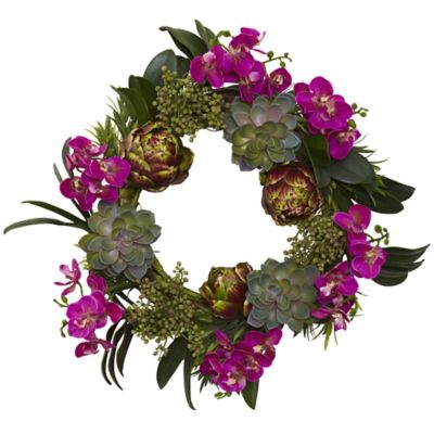 Nearly Natural 20 in. Orchid, Artichoke and Succulent Wreath