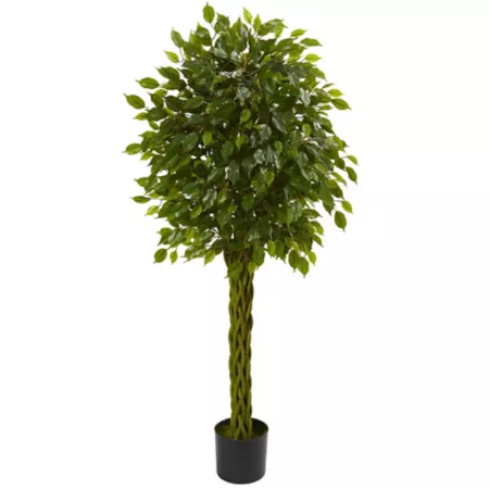 5 ft Nearly Natural Indoor/Outdoor UV Resistant Artificial Ficus Tree with Woven Trunk Artificial Plants & Flowers