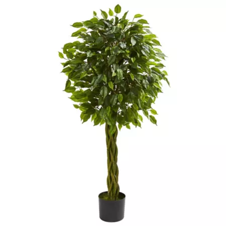 4 ft Nearly Natural Indoor/Outdoor UV Resistant Artificial Ficus Tree with Woven Trunk Artificial Plants & Flowers