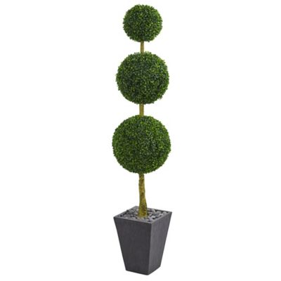 Nearly Natural 6 ft. UV-Resistant Indoor/Outdoor Boxwood Triple Ball Topiary Artificial Tree in Slate Planter