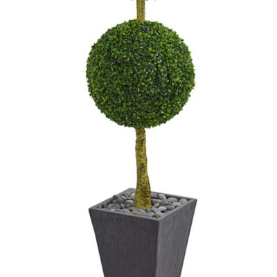 Image showing  6 ft. UV-Resistant Indoor/Outdoor Boxwood Triple Ball Topiary Artificial Tree in Slate Planter