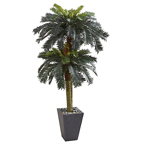 Nearly Natural 6 ft. Double Sago Palm Artificial Tree in Slate-Finished Planter