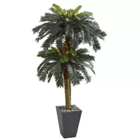 6 ft Almost Natural Double Sago Palm Artificial Tree in Slate Finish Pot Artificial Plants & Flowers