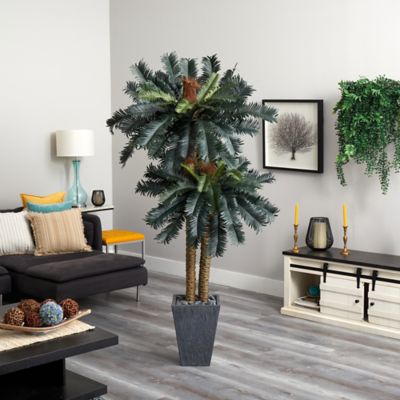 Image showing  6 ft. Double Sago Palm Artificial Tree in Slate-Finished Planter