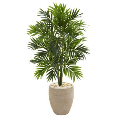 Nearly Natural 4 ft. Artificial Areca Palm Tree in Sand-Colored Planter