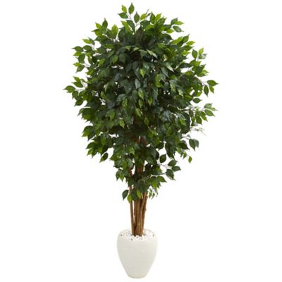Nearly Natural 6 ft. Artificial Ficus Tree in White Planter