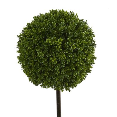 Image showing  3.5 ft. UV-Resistant Indoor/Outdoor Artificial Boxwood Ball Topiary Tree in White Tower Planter