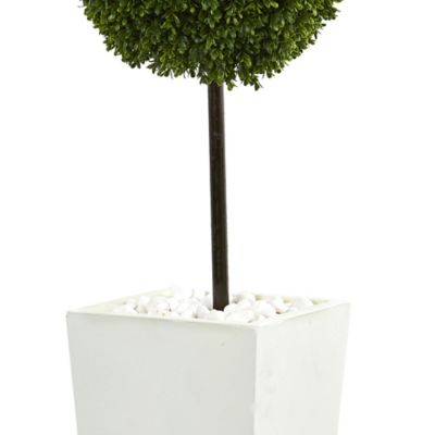 Image showing  3.5 ft. UV-Resistant Indoor/Outdoor Artificial Boxwood Ball Topiary Tree in White Tower Planter