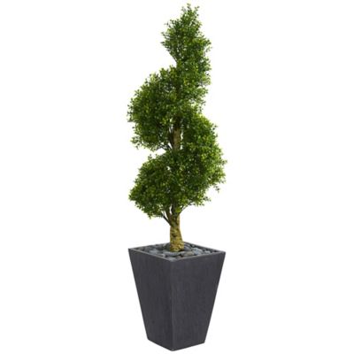 Nearly Natural 5 ft. Indoor/Outdoor UV-Resistant Artificial Boxwood Spiral Topiary Tree in Slate Planter