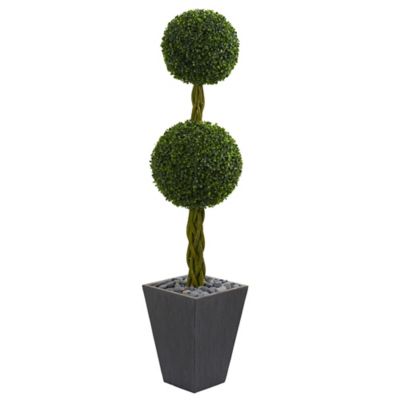 Nearly Natural 5 ft. UV-Resistant Indoor/Outdoor Artificial Double Ball Boxwood Topiary Tree in Slate Planter