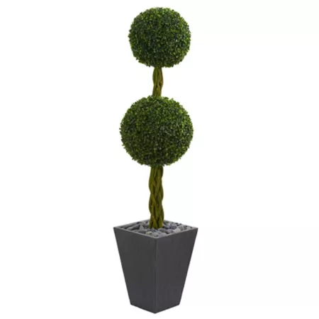 Nearly Natural Double Ball Artificial Boxwood Topiary Tree UV Resistant Indoor/Outdoor 5 Feet in Slate Pot Artificial Plants & Flowers