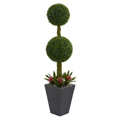 Nearly Natural 5 ft. Indoor/Outdoor UV-Resistant Double Ball Boxwood Topiary Artificial Tree in Slate Planter