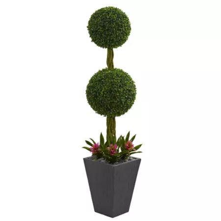 Nearly Natural 5' Indoor/Outdoor UV Resistant Double Ball Boxwood Topiary Artificial Tree in Slate Pot Artificial Plants & Flowers