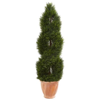 Nearly Natural 4.5 ft. UV-Resistant Indoor/Outdoor Artificial Double Pond Cypress Topiary Tree in Terracotta Planter