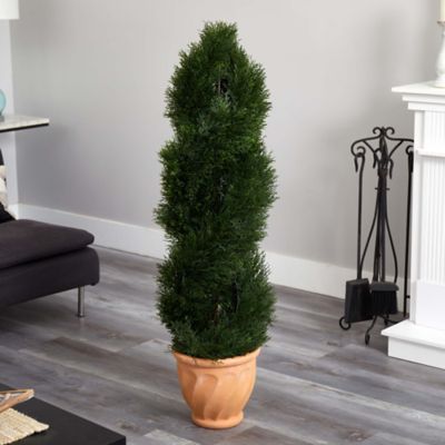 Image showing  4.5 ft. UV-Resistant Indoor/Outdoor Artificial Double Pond Cypress Topiary Tree in Terracotta Planter