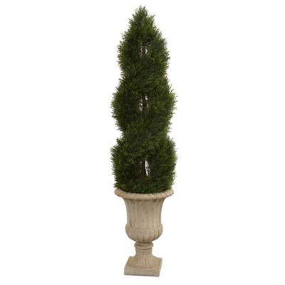 Nearly Natural 5 ft. UV-Resistant Indoor/Outdoor Artificial Double Pond Cypress Spiral Topiary Tree in Urn