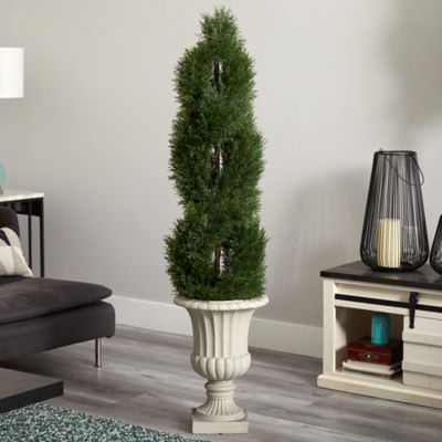 Image showing  5 ft. UV-Resistant Indoor/Outdoor Artificial Double Pond Cypress Spiral Topiary Tree in Urn
