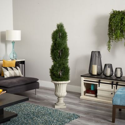 Image showing  5 ft. UV-Resistant Indoor/Outdoor Artificial Double Pond Cypress Spiral Topiary Tree in Urn