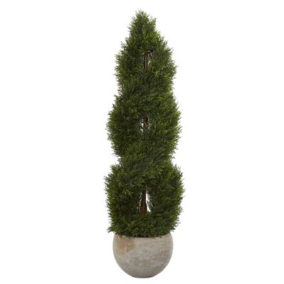 Nearly Natural 4 ft. UV-Resistant Indoor/Outdoor Artificial Double Pond Cypress Spiral Tree in Sand-Colored Planter