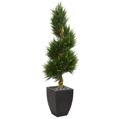 Nearly Natural 5.5 ft. Indoor/Outdoor UV-Resistant Artificial Cypress Spiral Tree in Black Wash Planter