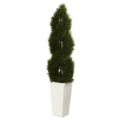 Nearly Natural 5.5 ft. UV-Resistant Artificial Double Pond Cypress Spiral Topiary Tree in White Tower Planter