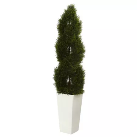 5.5 ft Near-Natural UV Resistant Double Basin Artificial Cypress Spiral Topiary Tree in White Tower Planter Artificial Plants & Flowers