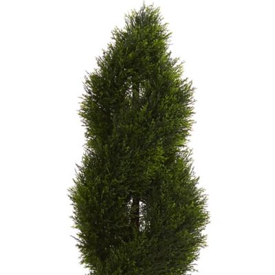 Image showing  5.5 ft. UV-Resistant Artificial Double Pond Cypress Spiral Topiary Tree in White Tower Planter