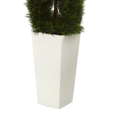 Image showing  5.5 ft. UV-Resistant Artificial Double Pond Cypress Spiral Topiary Tree in White Tower Planter