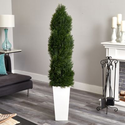 Image showing  5.5 ft. UV-Resistant Artificial Double Pond Cypress Spiral Topiary Tree in White Tower Planter