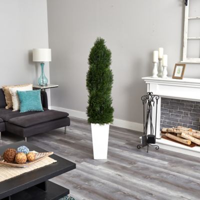 Image showing  5.5 ft. UV-Resistant Artificial Double Pond Cypress Spiral Topiary Tree in White Tower Planter