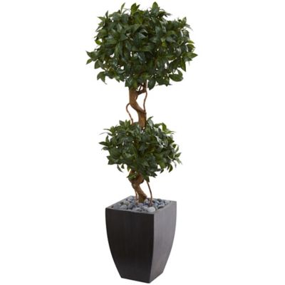 Nearly Natural 4.5 ft. Artificial Sweet Bay Double Topiary Tree in Black Wash Planter
