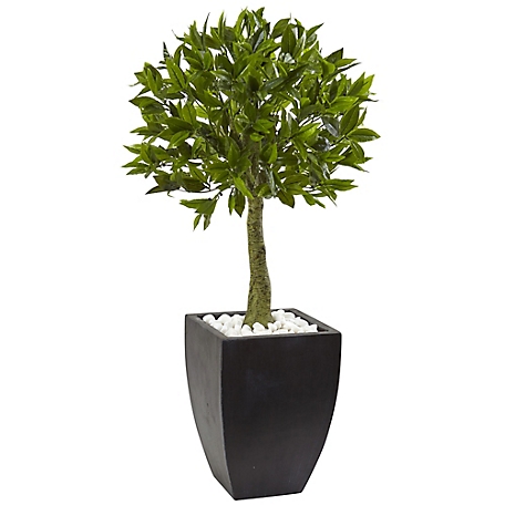 Nearly Natural 42 in. Indoor/Outdoor UV-Resistant Bay Leaf Topiary with Black Wash Planter
