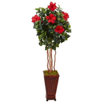 Nearly Natural 5 ft. Artificial Hibiscus Tree in Decorated Wooden Planter