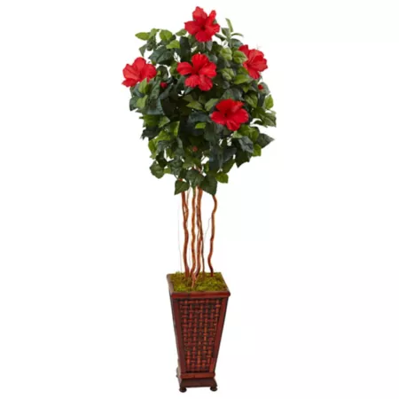 5 ft Almost Natural Artificial Hibiscus Tree in Decorated Wooden Pot Artificial Plants & Flowers